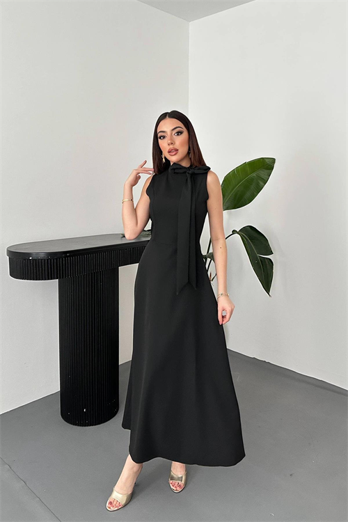 Wholesale Black Tie-Neck Long Dress