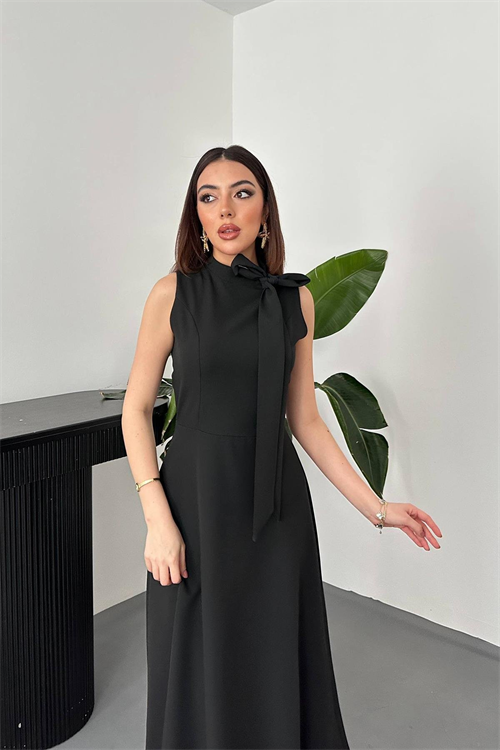 Wholesale Black Tie-Neck Long Dress