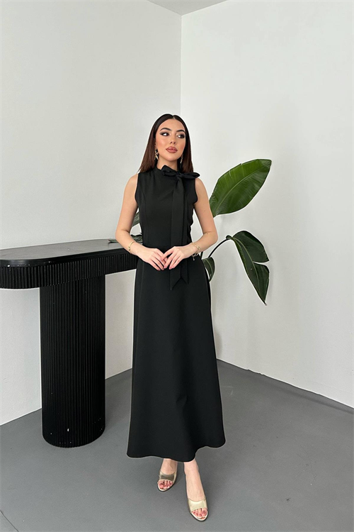 Wholesale Black Tie-Neck Long Dress