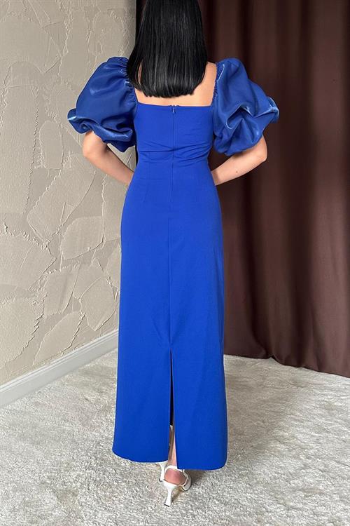 Toptan Saks İşlemeli Kolu Garnili Elbise