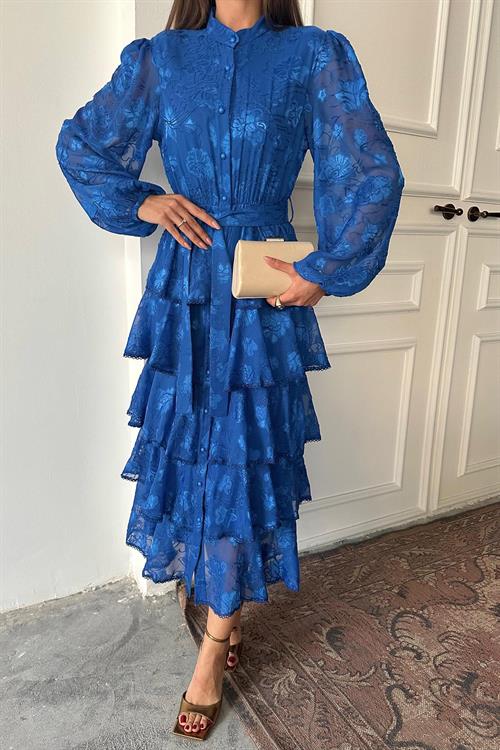 Toptan Saks Valonlu Şeritli Kat Kat Elbise