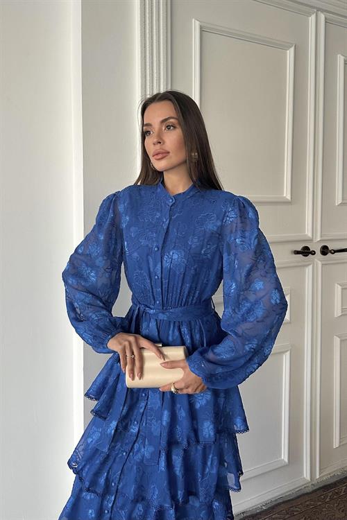 Toptan Saks Valonlu Şeritli Kat Kat Elbise