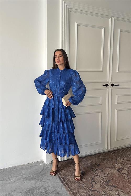 Toptan Saks Valonlu Şeritli Kat Kat Elbise