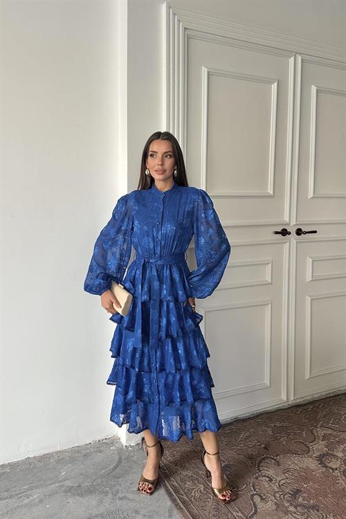 Toptan Saks Valonlu Şeritli Kat Kat Elbise