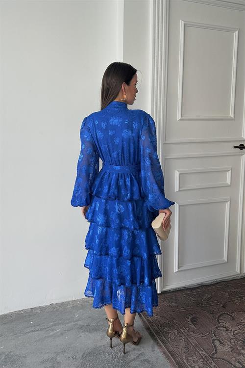 Toptan Saks Valonlu Şeritli Kat Kat Elbise