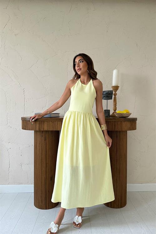 Toptan Sarı Arkası Gipeli Keten Elbise