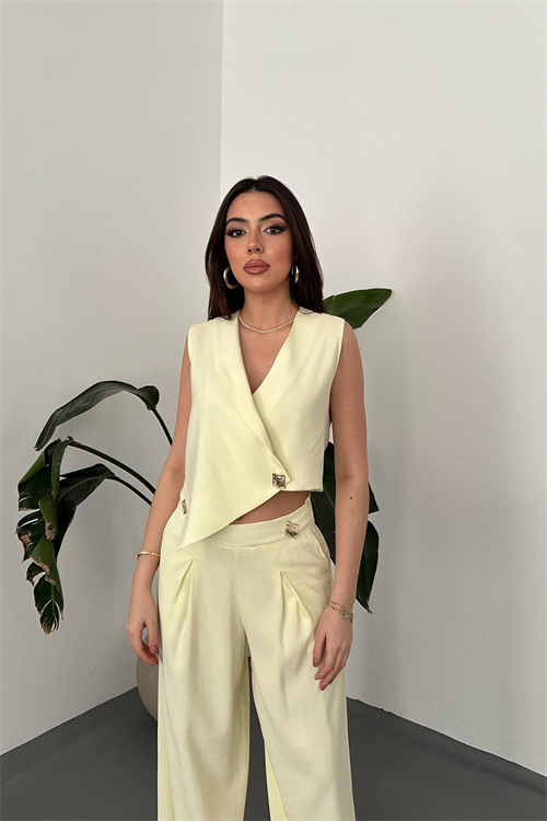 Wholesale Yellow Asymmetrical Vest and Palazzo Pants Set