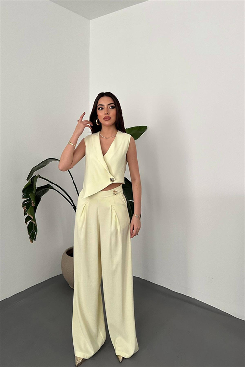 Wholesale Yellow Asymmetrical Vest and Palazzo Pants Set