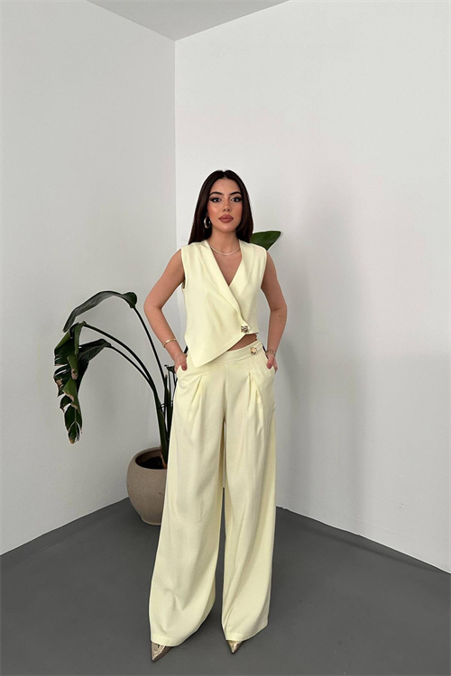 Wholesale Yellow Asymmetrical Vest and Palazzo Pants Set