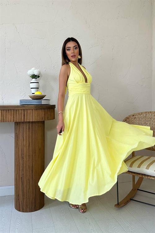 Toptan Sarı Askılı Keten Elbise