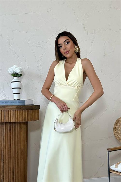 Toptan Sarı Atlas Göğüs Kuplu Elbise