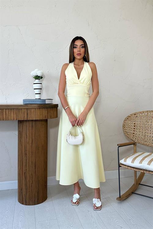 Toptan Sarı Atlas Göğüs Kuplu Elbise