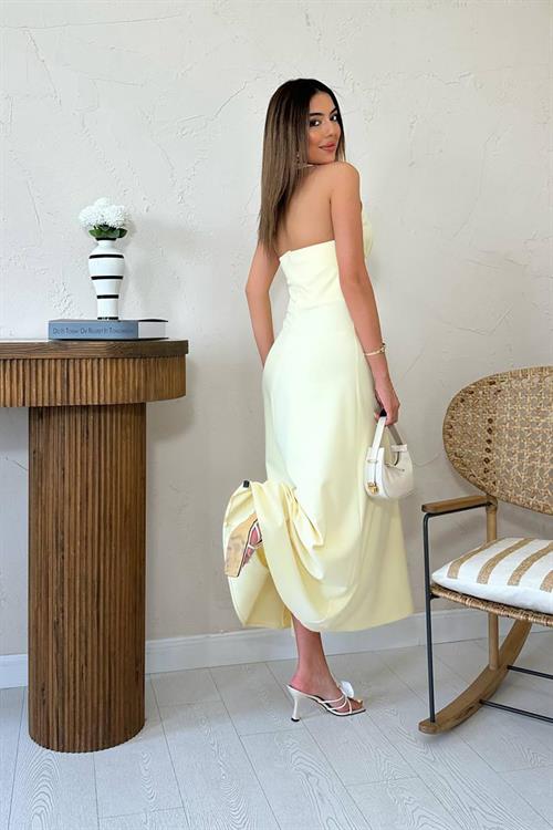 Toptan Sarı Atlas Göğüs Kuplu Elbise