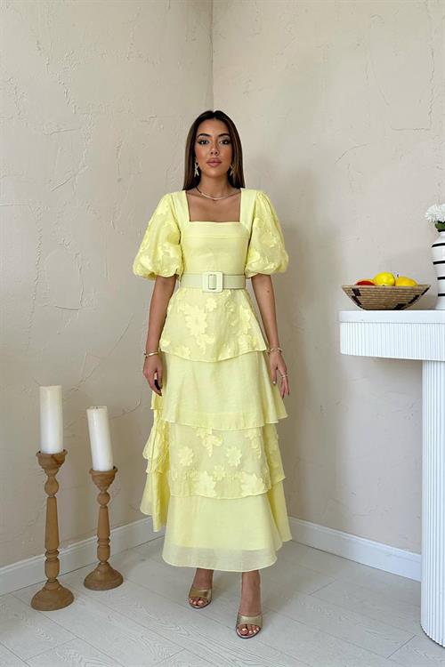 Toptan Sarı Balon Kollu Kat Kat Elbise