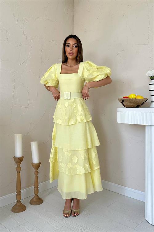 Toptan Sarı Balon Kollu Kat Kat Elbise