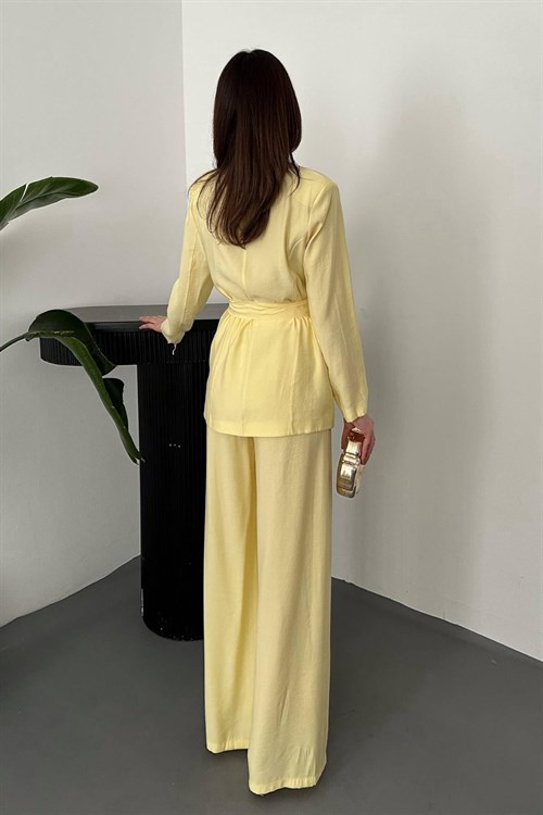Wholesale Yellow Belted Jacket and Palazzo Trousers Suit