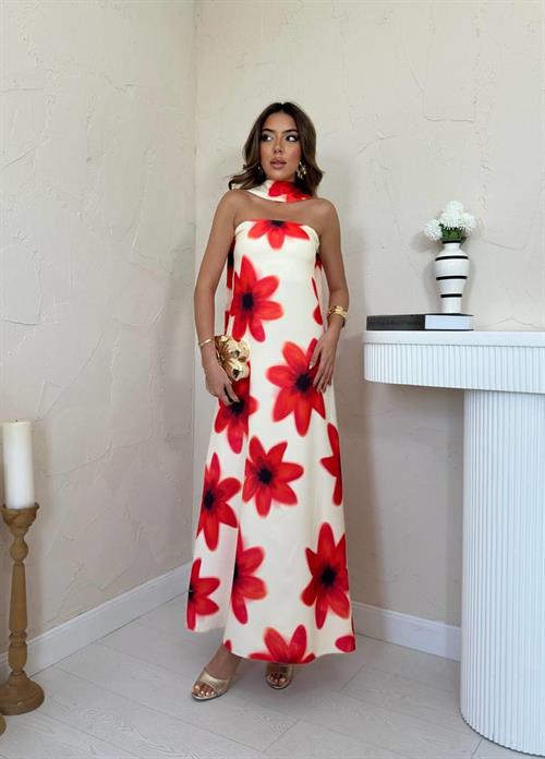 Toptan Sarı Boyundan Fularlı Elbise