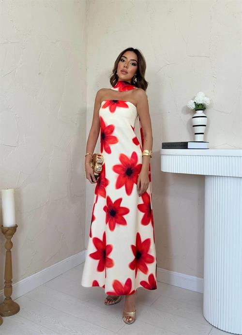 Toptan Sarı Boyundan Fularlı Elbise