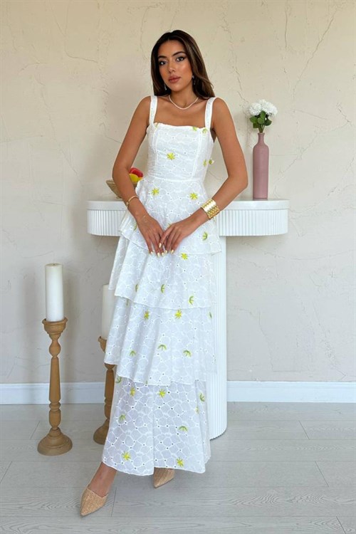 Wholesale White-Yellow Back-Tie Layered Dress