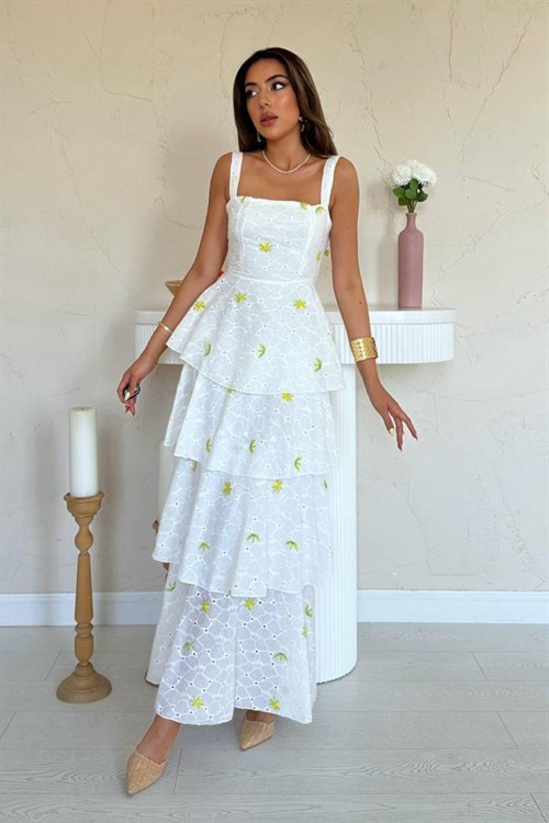 Wholesale White-Yellow Back-Tie Layered Dress