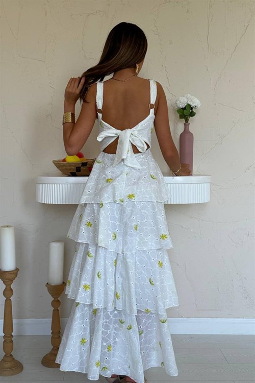Wholesale White-Yellow Back-Tie Layered Dress