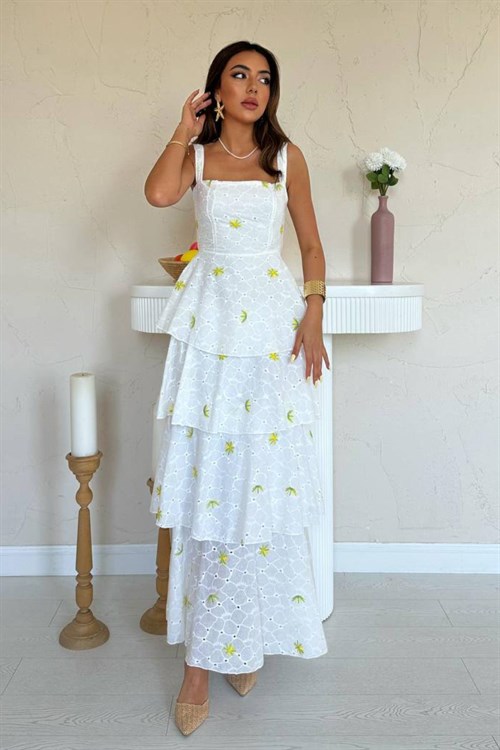 Wholesale White-Yellow Back-Tie Layered Dress
