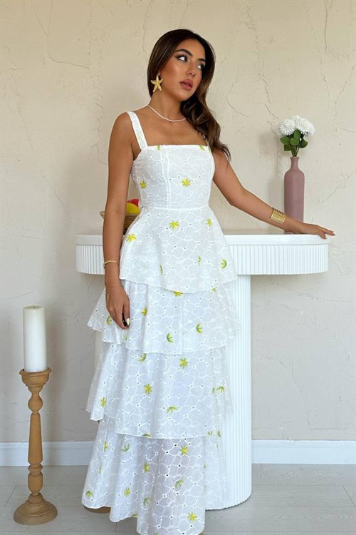Wholesale White-Yellow Back-Tie Layered Dress