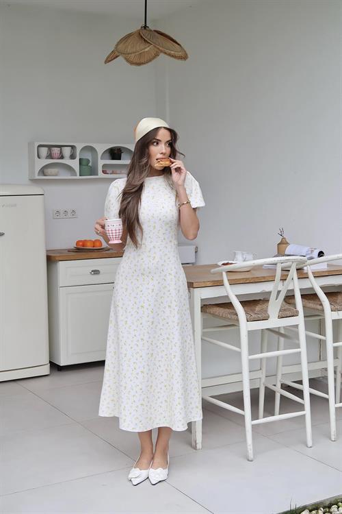 Toptan Sarı Dijital Baskılı Atlas Elbise