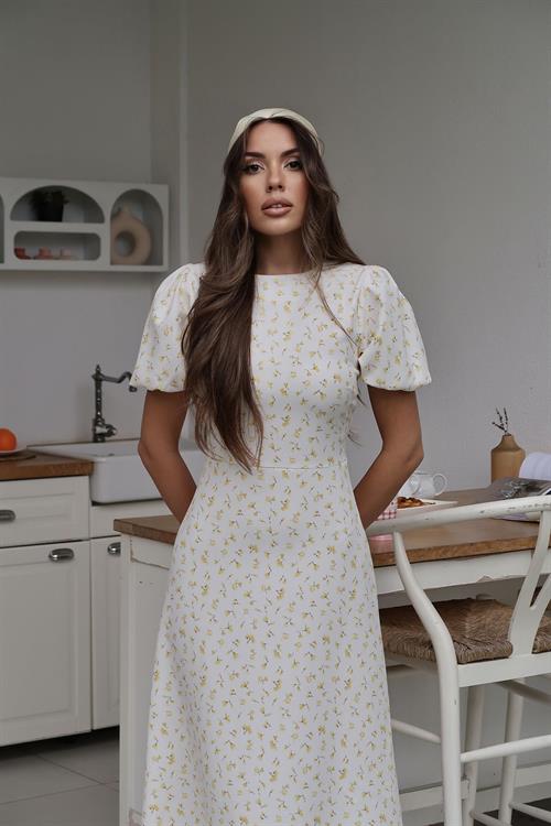 Toptan Sarı Dijital Baskılı Atlas Elbise