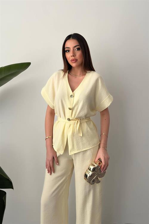 Wholesale Yellow Modal Two-Piece Set with Gold Buttons and Matching Belt