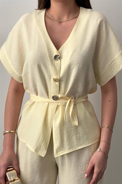 Wholesale Yellow Modal Two-Piece Set with Gold Buttons and Matching Belt