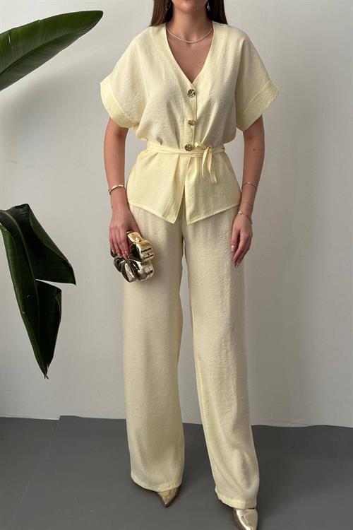 Wholesale Yellow Modal Two-Piece Set with Gold Buttons and Matching Belt