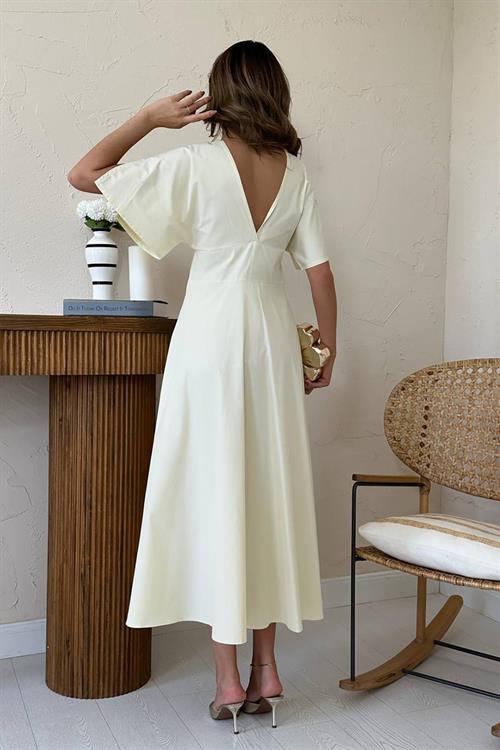 Toptan Sarı Düğmeli Midi Boy Poplin Elbise