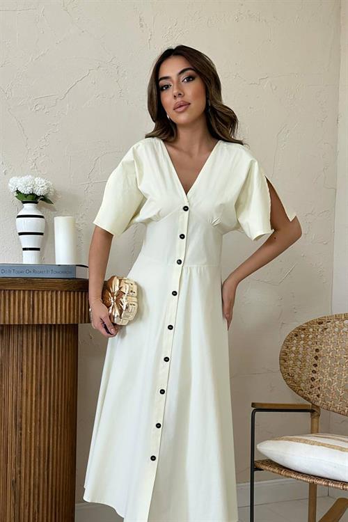 Toptan Sarı Düğmeli Midi Boy Poplin Elbise