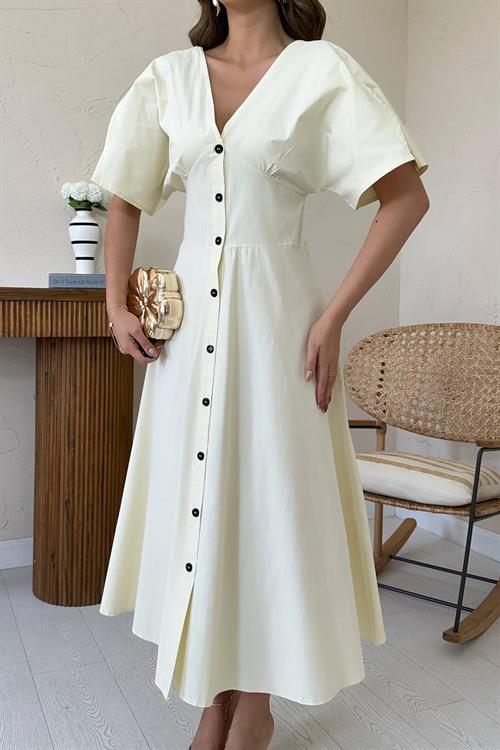 Toptan Sarı Düğmeli Midi Boy Poplin Elbise