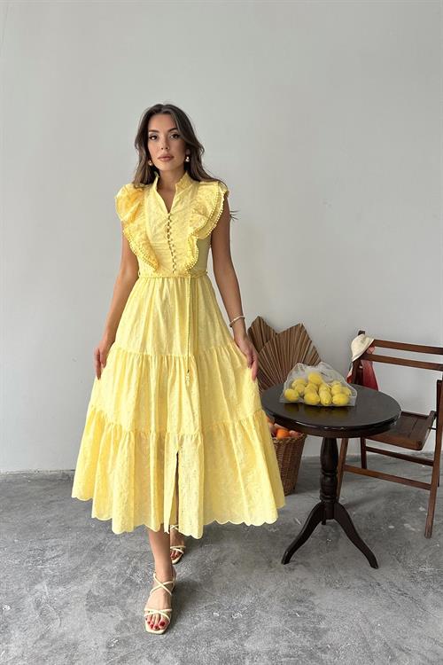 Wholesale Yellow Ruffled Embroidered Dress