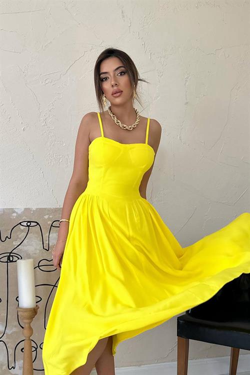 Toptan Sarı Göğüs Kuplu Uzun Büzgülü Elbise