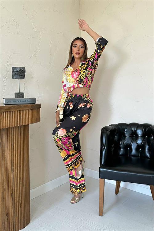 Wholesale Yellow Patterned Shirt and Trousers Set