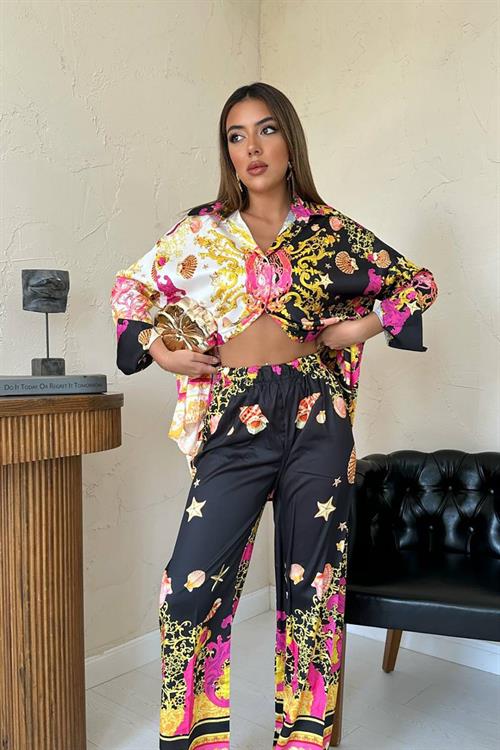 Wholesale Yellow Patterned Shirt and Trousers Set