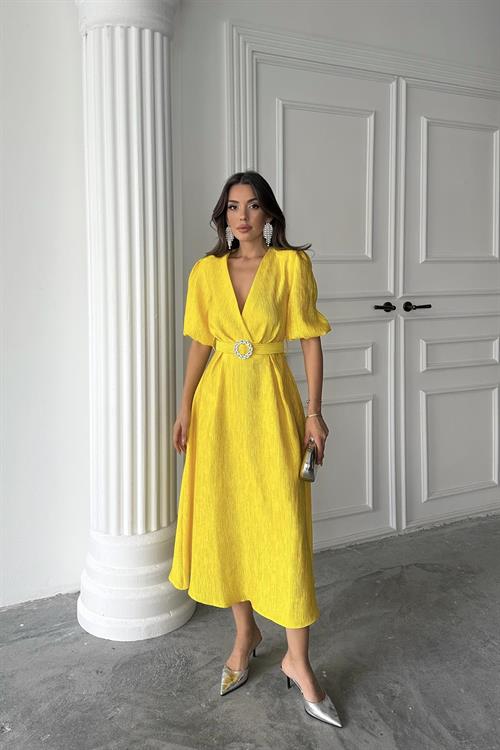 Toptan Sarı Işıltılı Kemerli Kruvaze Elbise