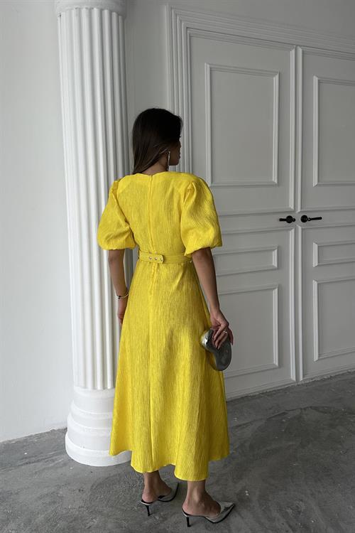 Toptan Sarı Işıltılı Kemerli Kruvaze Elbise