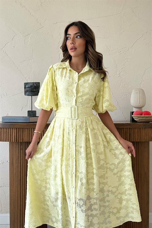 Toptan Sarı Kemerli Balon Kollu Elbise