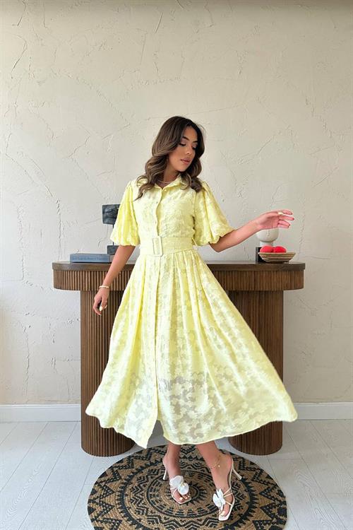 Toptan Sarı Kemerli Balon Kollu Elbise