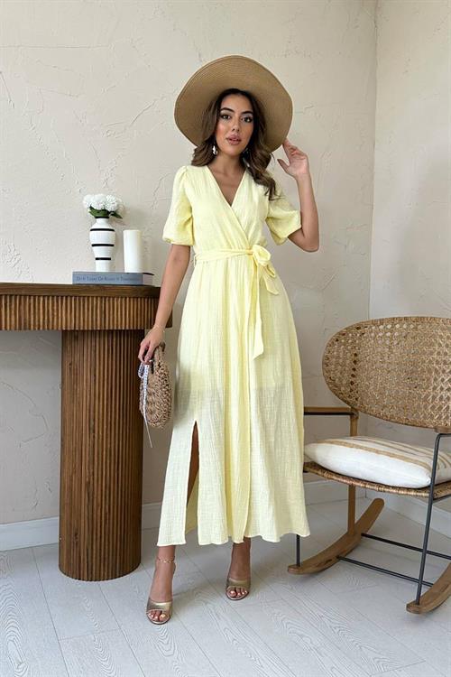Toptan Sarı Kruvaze Yaka Müslin Keten Elbise