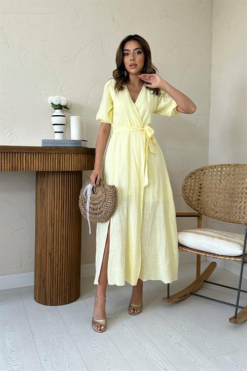 Toptan Sarı Kruvaze Yaka Müslin Keten Elbise