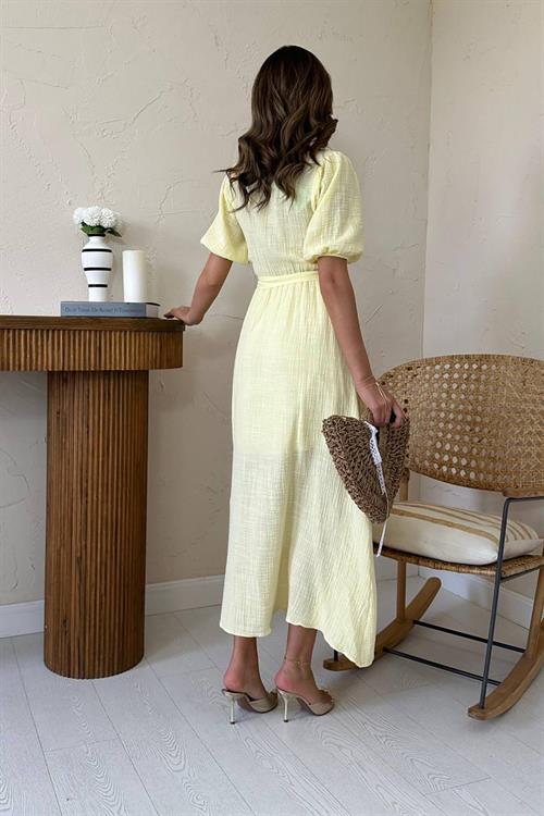 Toptan Sarı Kruvaze Yaka Müslin Keten Elbise