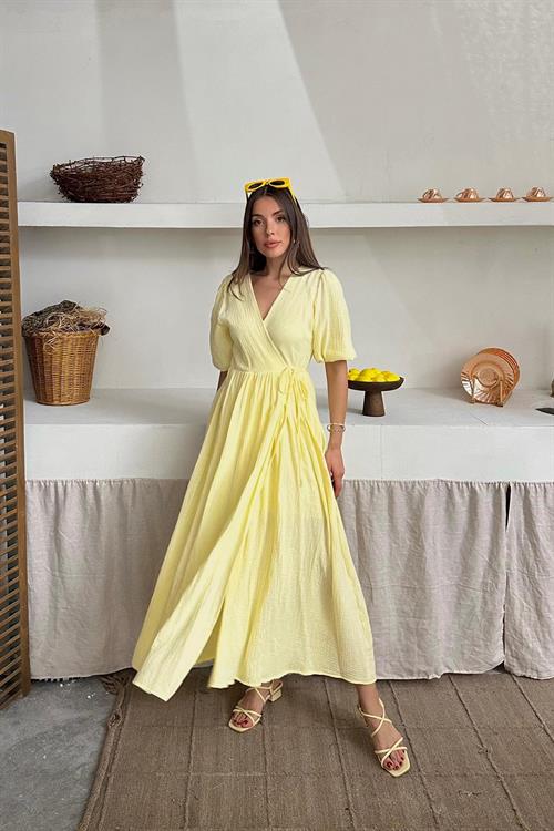 Toptan Sarı Müslin Uzun Elbise