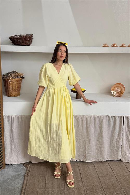 Toptan Sarı Müslin Uzun Elbise