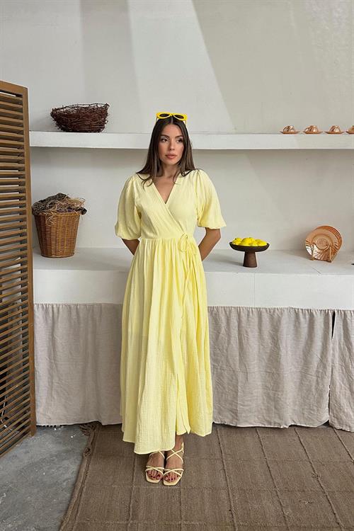 Toptan Sarı Müslin Uzun Elbise
