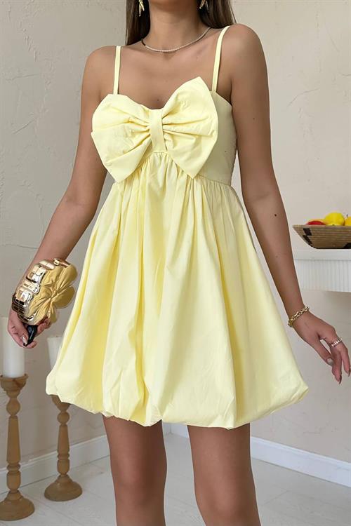 Toptan Sarı Önü Fiyonklu Askılı Elbise
